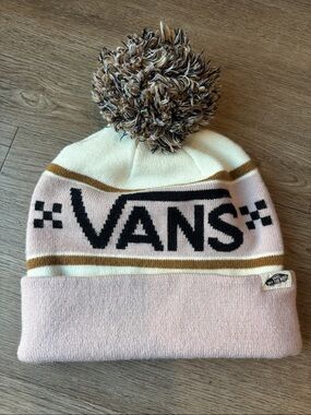 Vans Off the Wall cuffed Pom Beanie Stocking Cap Pink/white/tan checkered flag